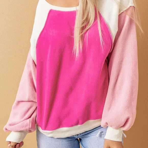 Rose Colorblock Long Sleeve Pullover Fleece Sweatshirt - Picture 10 of 16